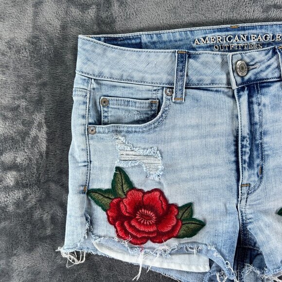 American Eagle Denim Jean Shorts Women 8 Rose Cut Off Hi-Rise Shortie Stretch - Picture 3 of 11